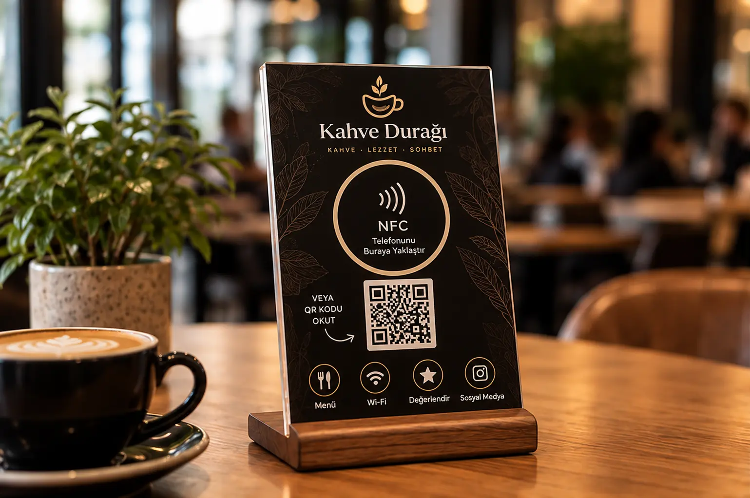 Kafe masasında, bir fincan kahve ve saksı bitkisinin yanında duran Kahve Durağı temalı stand. Siyah panelde NFC alanı, QR kod ve Menü, Wi-Fi, Değerlendir ve Sosyal Medya simgeleri görünüyor.