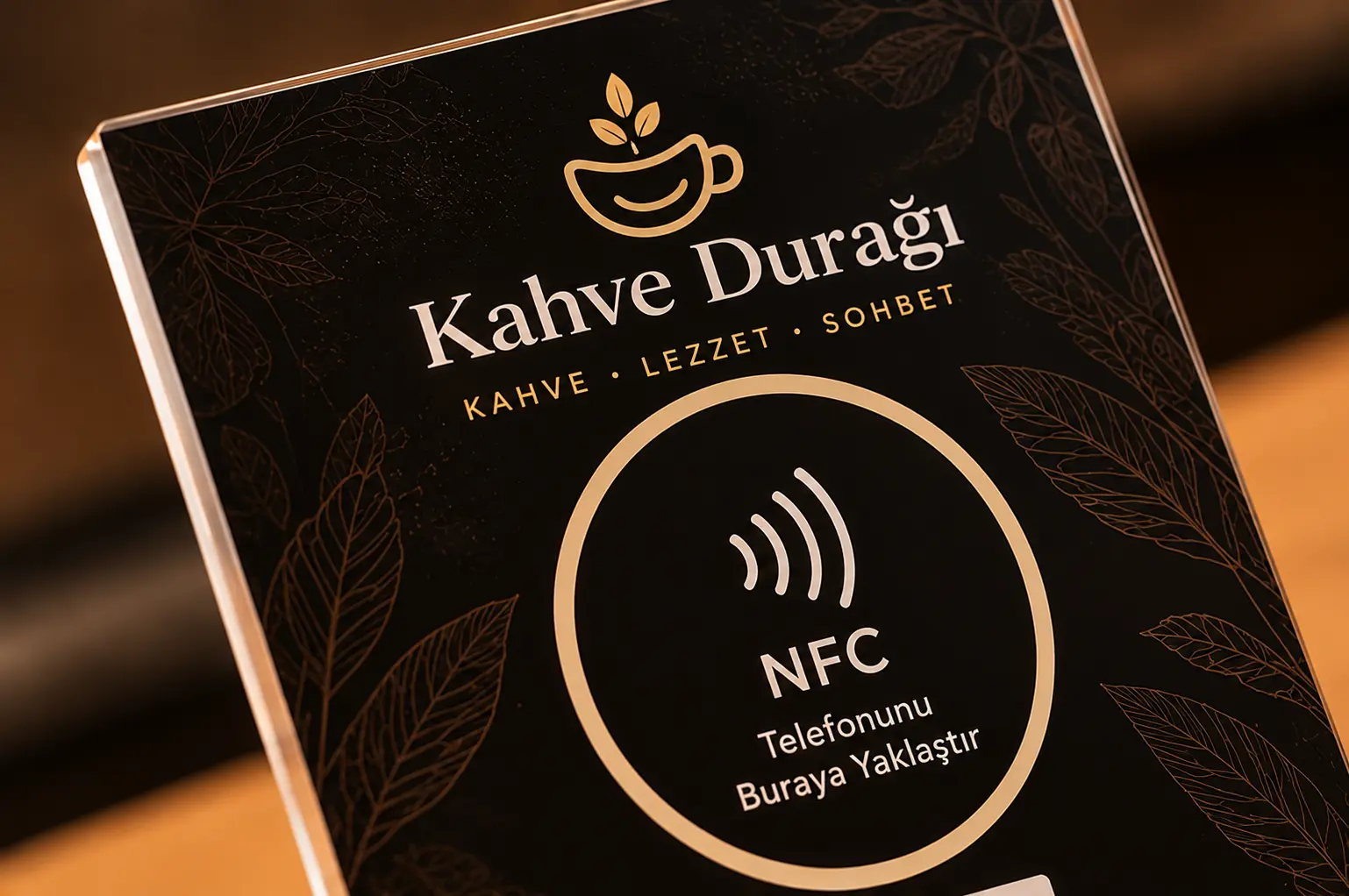 Kahve Durağı temalı standın yakın planı: üstte işletme adı, ortada “Telefonunu buraya yaklaştır” yazan yuvarlak NFC alanı.