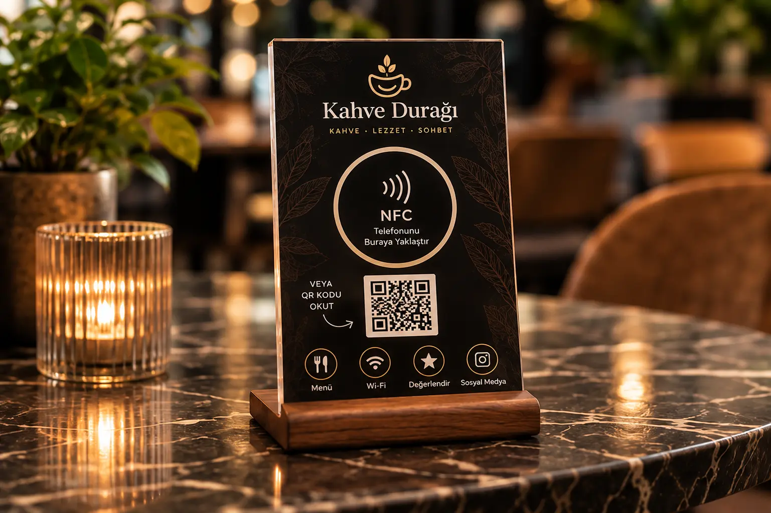 Mermer bir kafe masasında, mumun yanında duran Kahve Durağı temalı stand. Panelin üst kısmında “Telefonunu buraya yaklaştır” yazan NFC alanı, altında “Veya QR kodu okut” yönlendirmesi ve QR kod görünüyor.